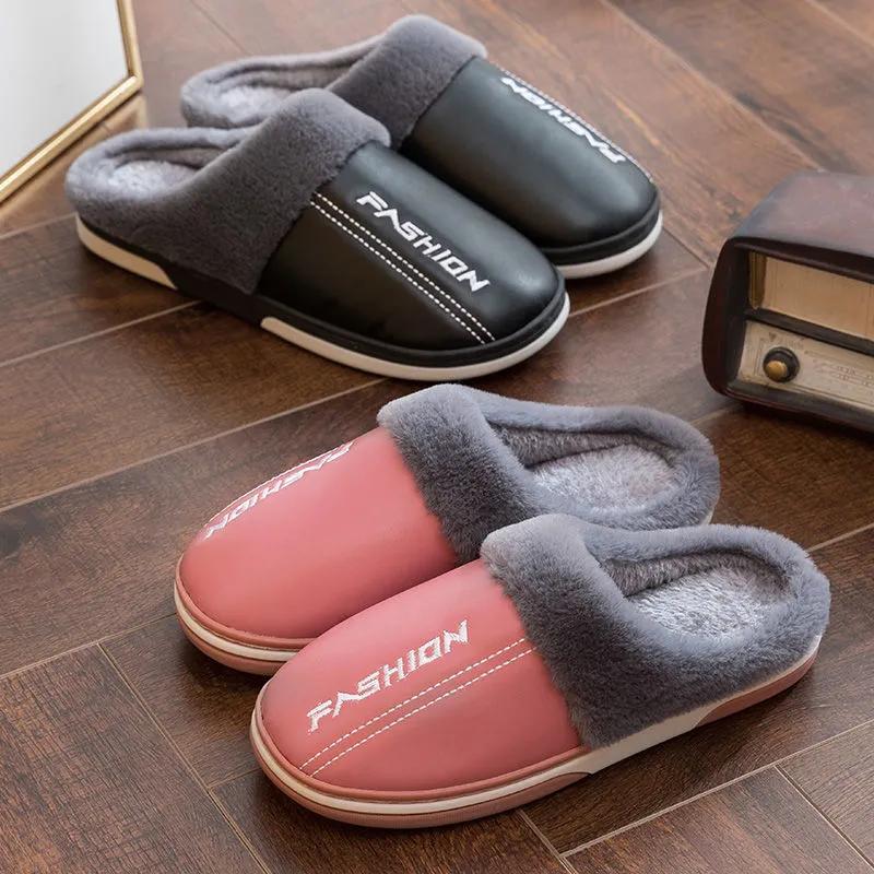 Slippers Women Leather Winter Windproof Warm Plush Memory Foam Home Slippers for Men House Shoes Plus Size