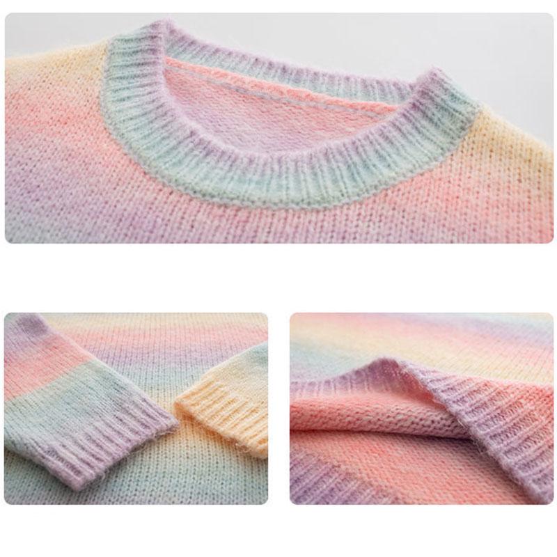 Japanese Color Sweater Women Loose Casual Pullover Rainbow Stripe Schoolgirl Knit Sweater
