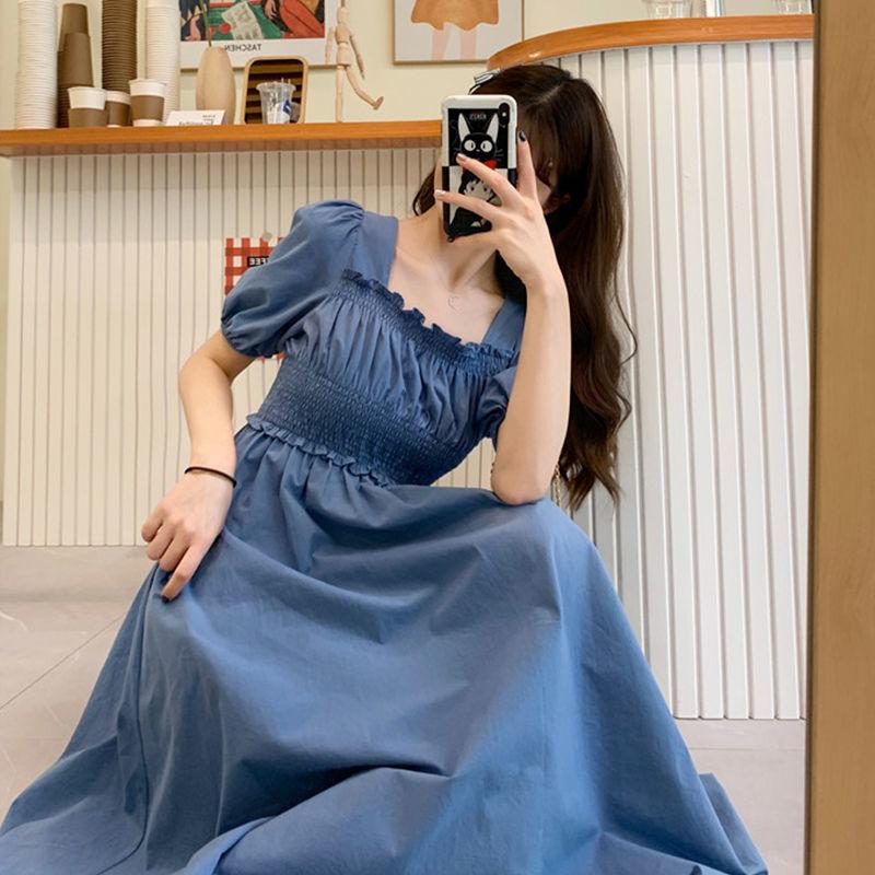 Summer Retro French Casual Solid Color Over-the-knee Long Skirt Waist Puff Sleeve Square Neck Short-sleeved Dress