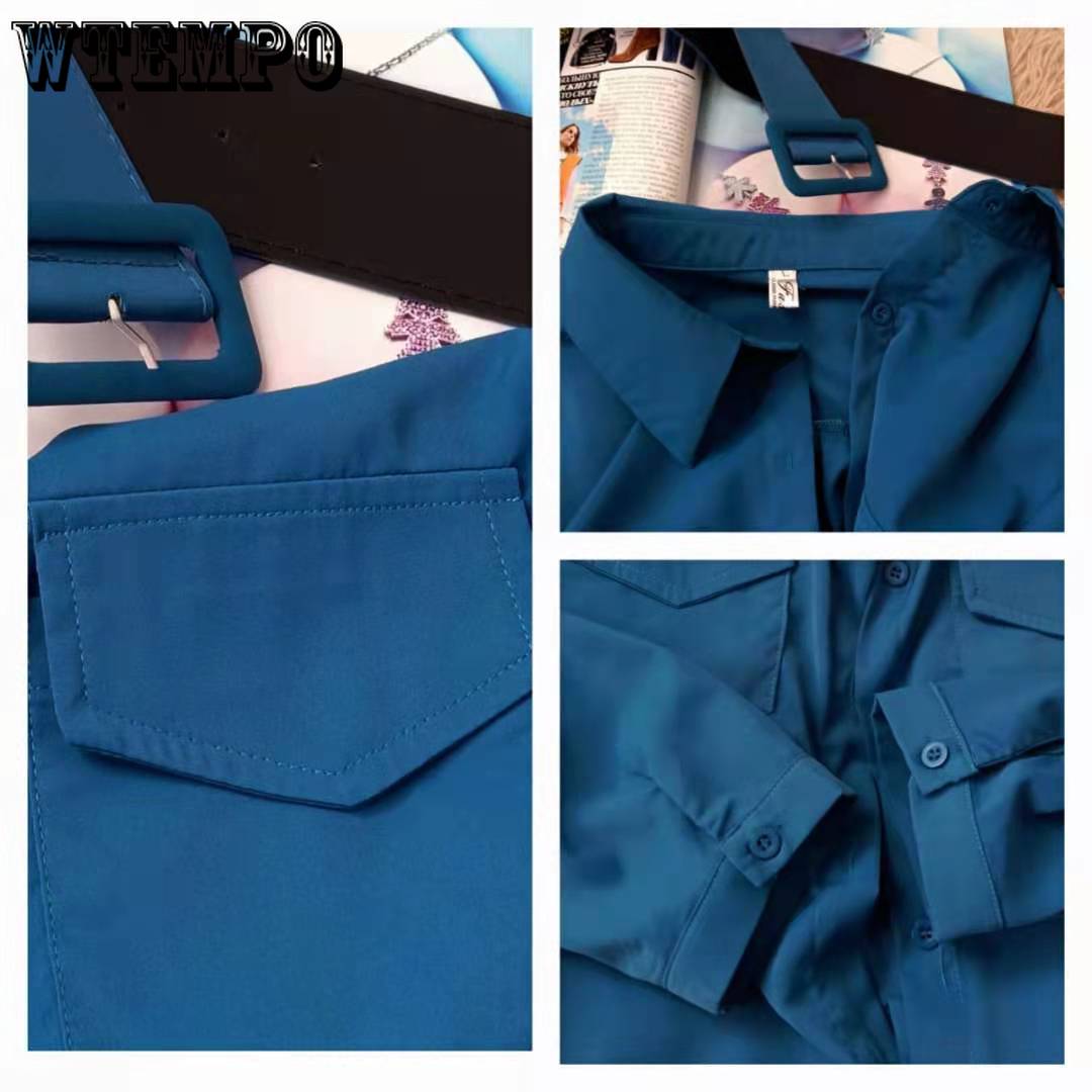 Spring  Autumn Women Dress Button Turn Down Collar  Long Sleeve Blouses Dress with Belt
