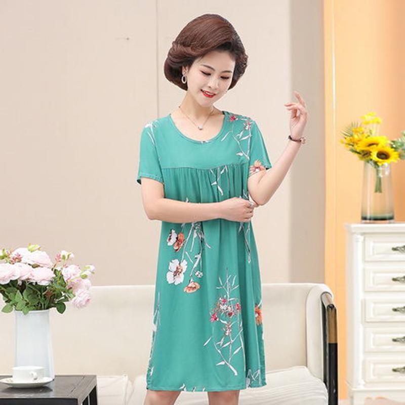 Nightdress Female Summer Cotton Silk Mid-length Short-sleeved Plus Size Dress 40-year-old Pajamas Home Service Mother Wear