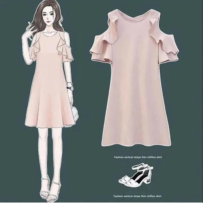 French Temperament Off-shoulder Round Neck Dress Sweet and Lovely Women's Mid-length Strapless Ruffle Dress Fabric Is Light and Breathable