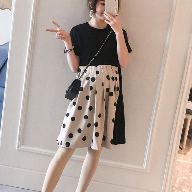 Maternity Clothes Short Sleeve Dress Mid-length Black Dots Loose Plus Size Maternity  Round Neck Skirt