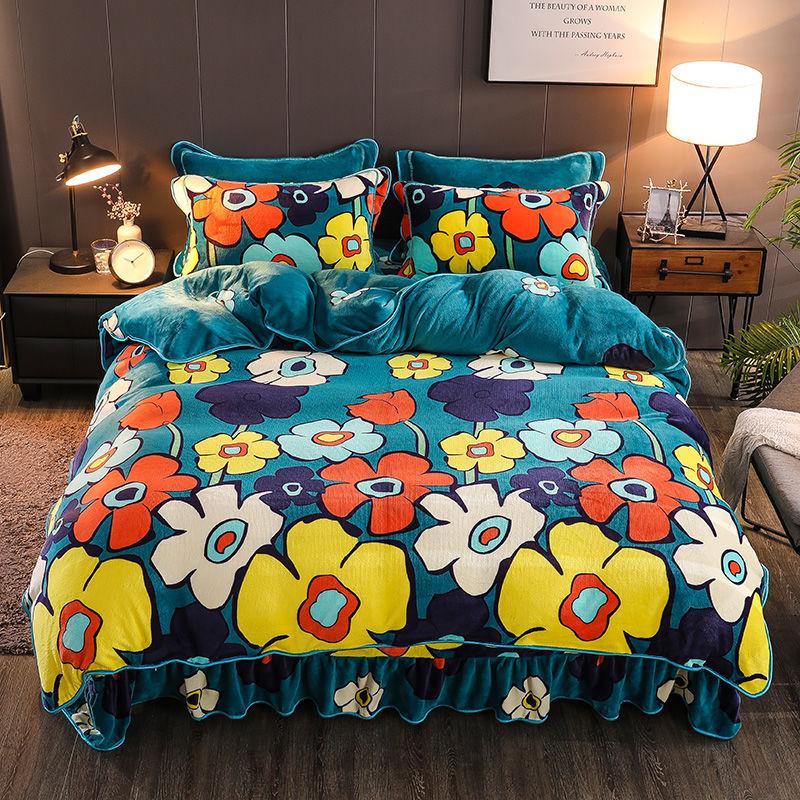 Flannel Soft Comfortable Bedding Set Duvet Cover Flat Sheet 4pcs Home Bedclothes Bed Linens