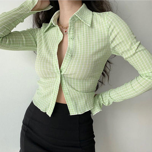 Plaid Shirt Cardigan Women's Retro Lapel Long Sleeves Short Slim Shirt