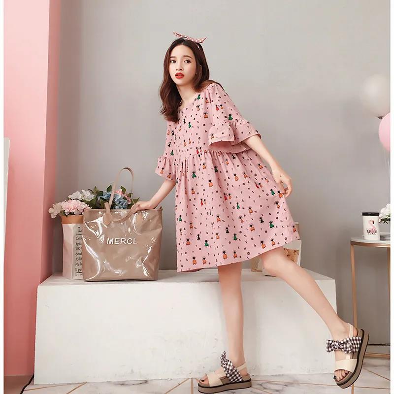 3colors S-XXXXL Summer Round Neck Cute Girl Student Dress Cotton Loose Knee-length