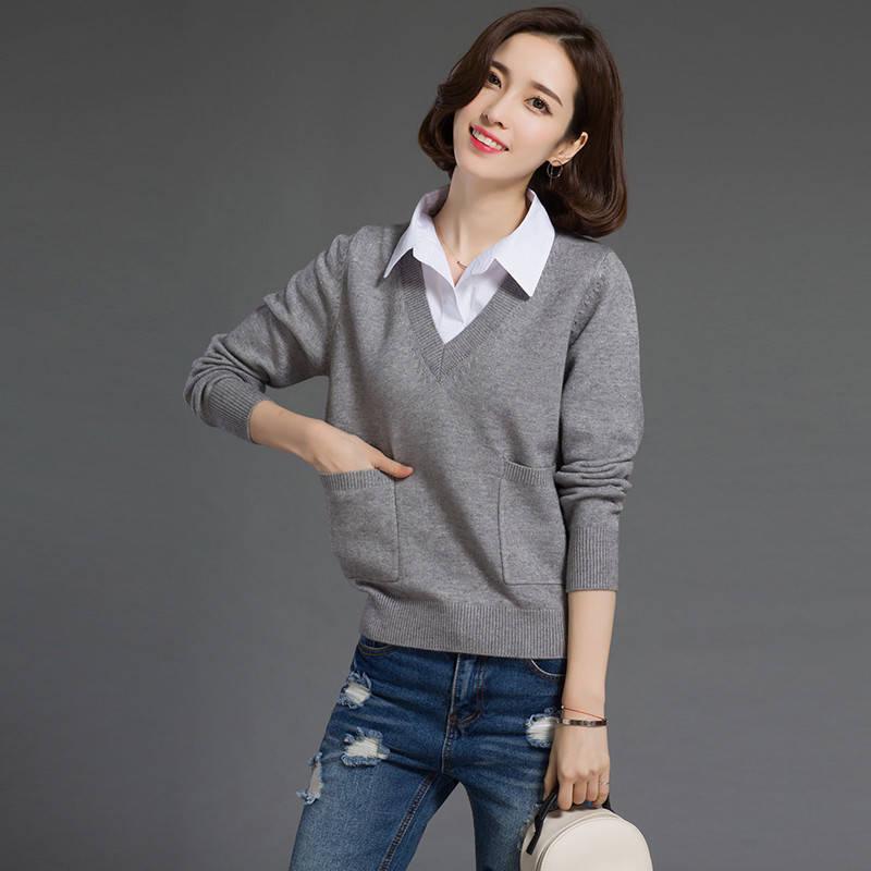 Fake Two-piece Sweater Tops Women's Lapel Pullover Sweater Outer Wear all-mach Loose Short Thick Knitted Sweater OL Style Office Ladies Workwear