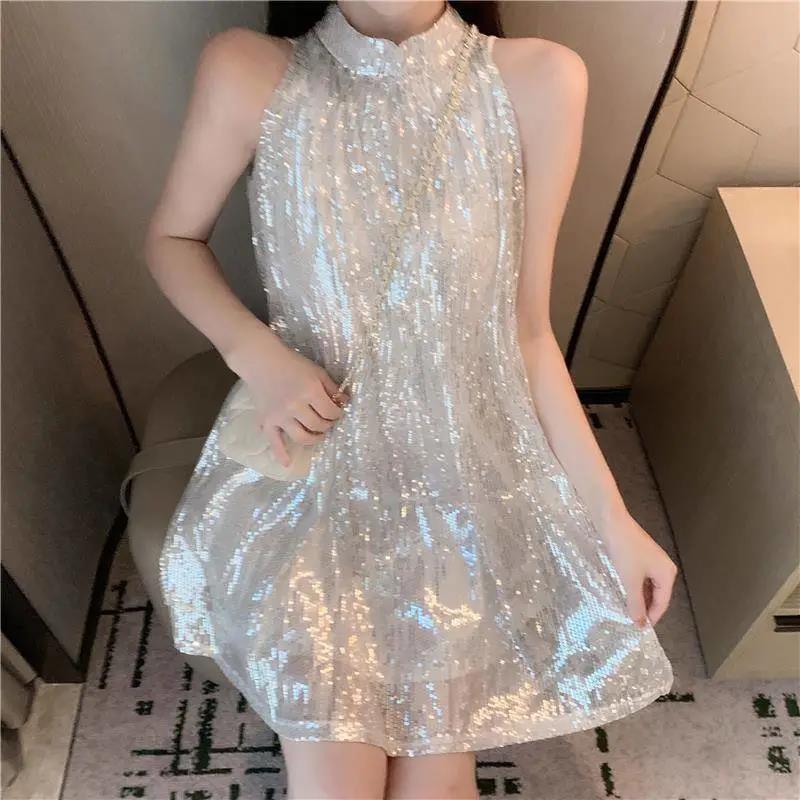 Tutu Sequins Shiny  Women's Summer Vest Dress Sleeveless Round Neck Knee-length Daily Wear Home Dating Party