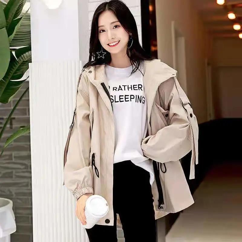 Workwear Windbreaker Women's Mid-length Hooded Loose Jacket with Adjustable Drawstring Women's Warm Short Hooded Jacket