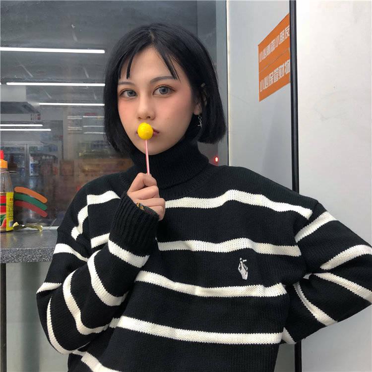 Pofulove Striped Embroidered Turtleneck Women's ulzzang Students Loose Contrast Color Sweater Coat