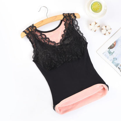 Women's Thermal Vest Plus Velvet Thick Lace Thermal Underwear Body Shaping Bottoming Shirt Ladies Thermal Underwear