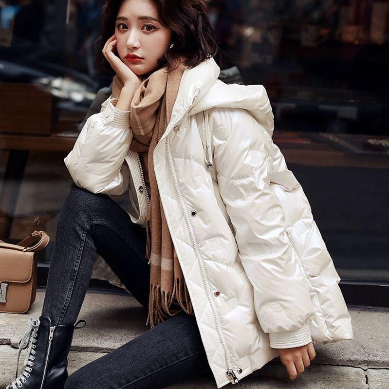 Down Jacket Women's Winter Loose and Wash-free Bright White Duck Down Mid-length Hooded Jacket Women's Winter Warm Jacket