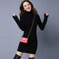 Autumn and Winter Long Solid Color Dress Half High Neck Slim Long Sleeve Sweater Fashion Solid Color Female Base Dress