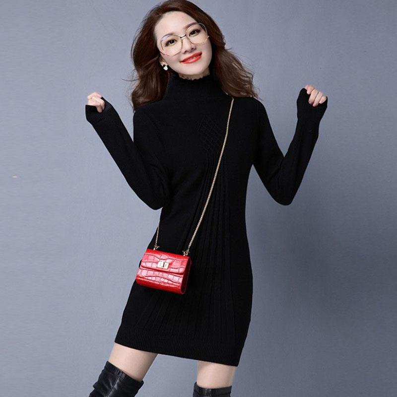 Autumn and Winter Long Solid Color Dress Half High Neck Slim Long Sleeve Sweater Fashion Solid Color Female Base Dress