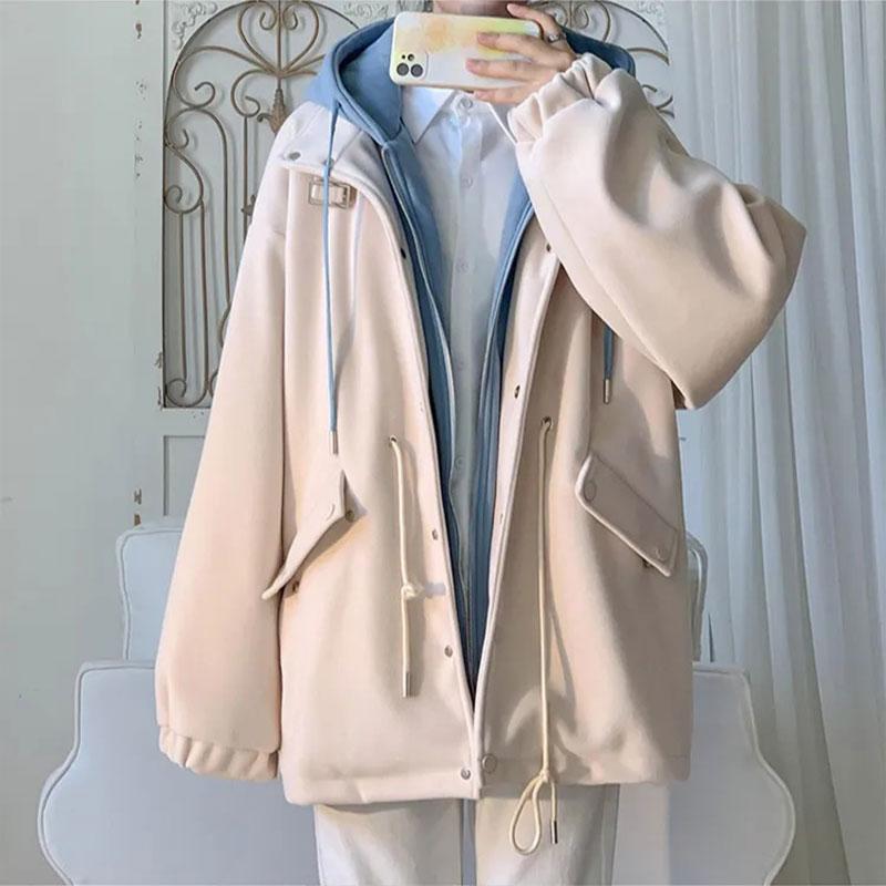 Fake Two-piece Velvet Thick Jacket Youth Hooded Zipper Cardigan Unisex Autumn and Winter Windbreaker Loose Casual Thick Coat