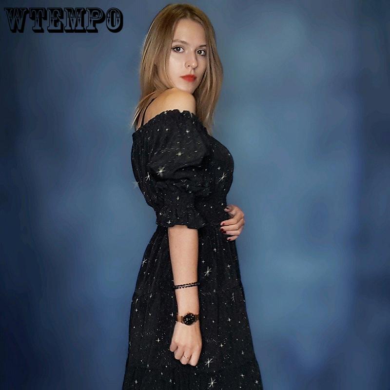 Dress Summer Women Stars Printed Off Shoulder Slim Black Dresses Girl Schoolgirl Kawaii Sweet Casual
