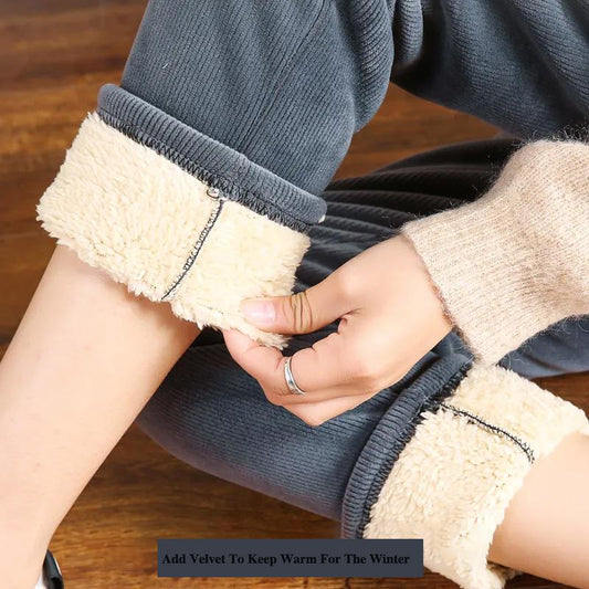 Lamb Wool Plus Velvet Thick Sports Pants Women's Warm Corduroy Loose Harem Pants Casual Pants