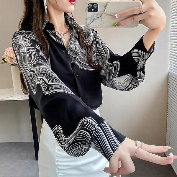 Long-sleeved Casual Tops Large Size Loose Chiffon Shirts Women's Spring and Autumn Lapel Elegant Printed Blouses