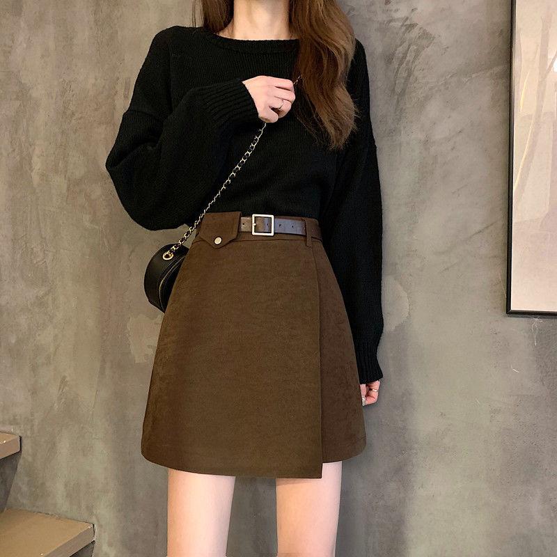 Woolen Cloth Women Sexy Tight A-line High Waist Hip Skirt Short Skirt Belt Split Fork Zipper Club Casual Home Office