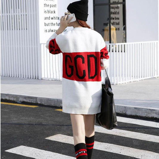 Fashion Letter Printing Mid-length Pullover Sweater Women Oversized Bottoming Shirt Student Korean Loose Sweater Dress