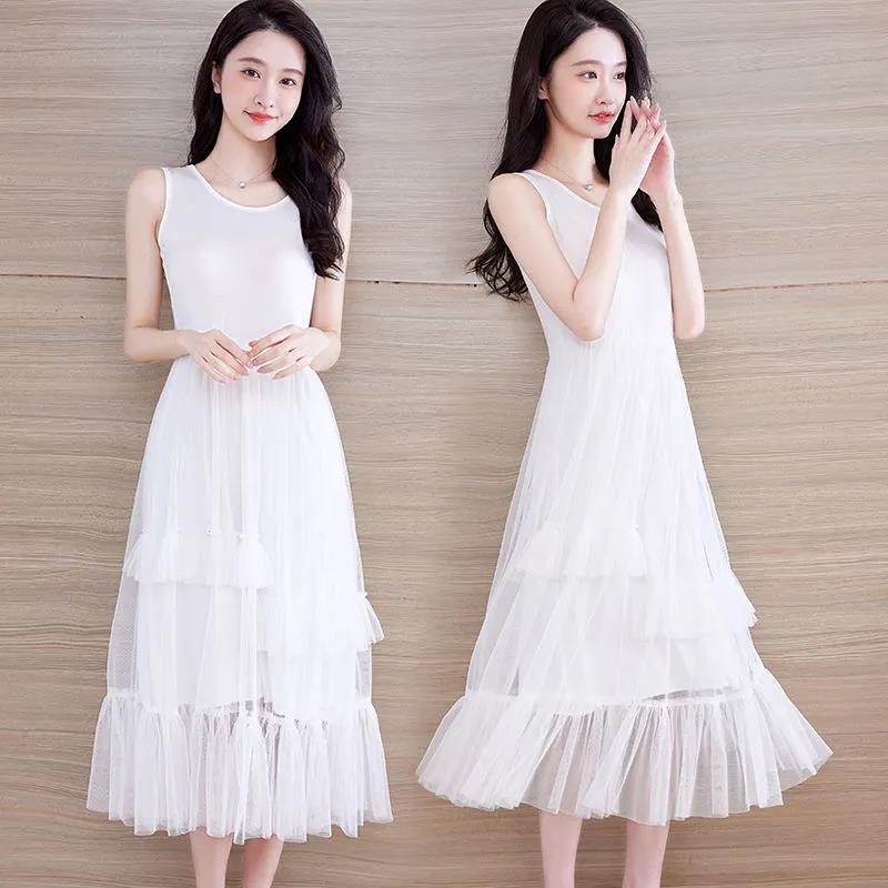 Ladies Simple Tank Top Skirts Mesh Bottoming Skirts In Summer Modal Mid-Length Sling Dresses Sweet Cake Skirts Ladies Sling Dresses