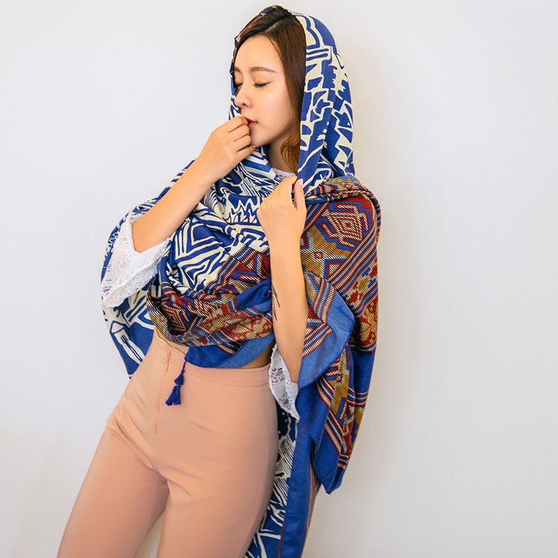 Ethnic Style Bohemia Cotton Linen Scarf Women Oversized Sunscreen Holiday Beach Silk Scarf Fringed Seaside Shawl