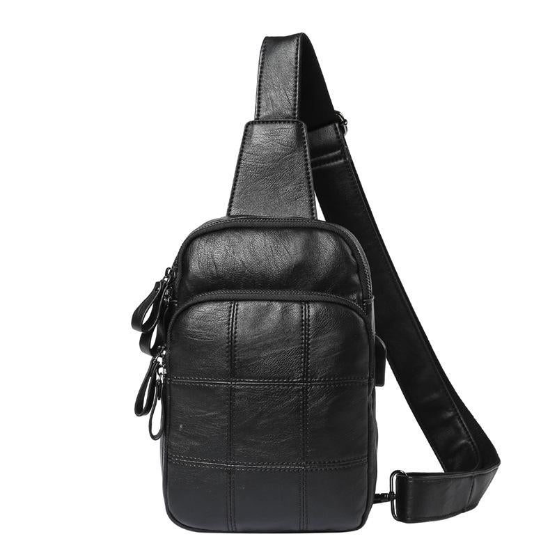 Chest Bag Men Soft Leather Large Capacity Lattice Crossbody Outdoor Sports Fitness Shoulder Bag