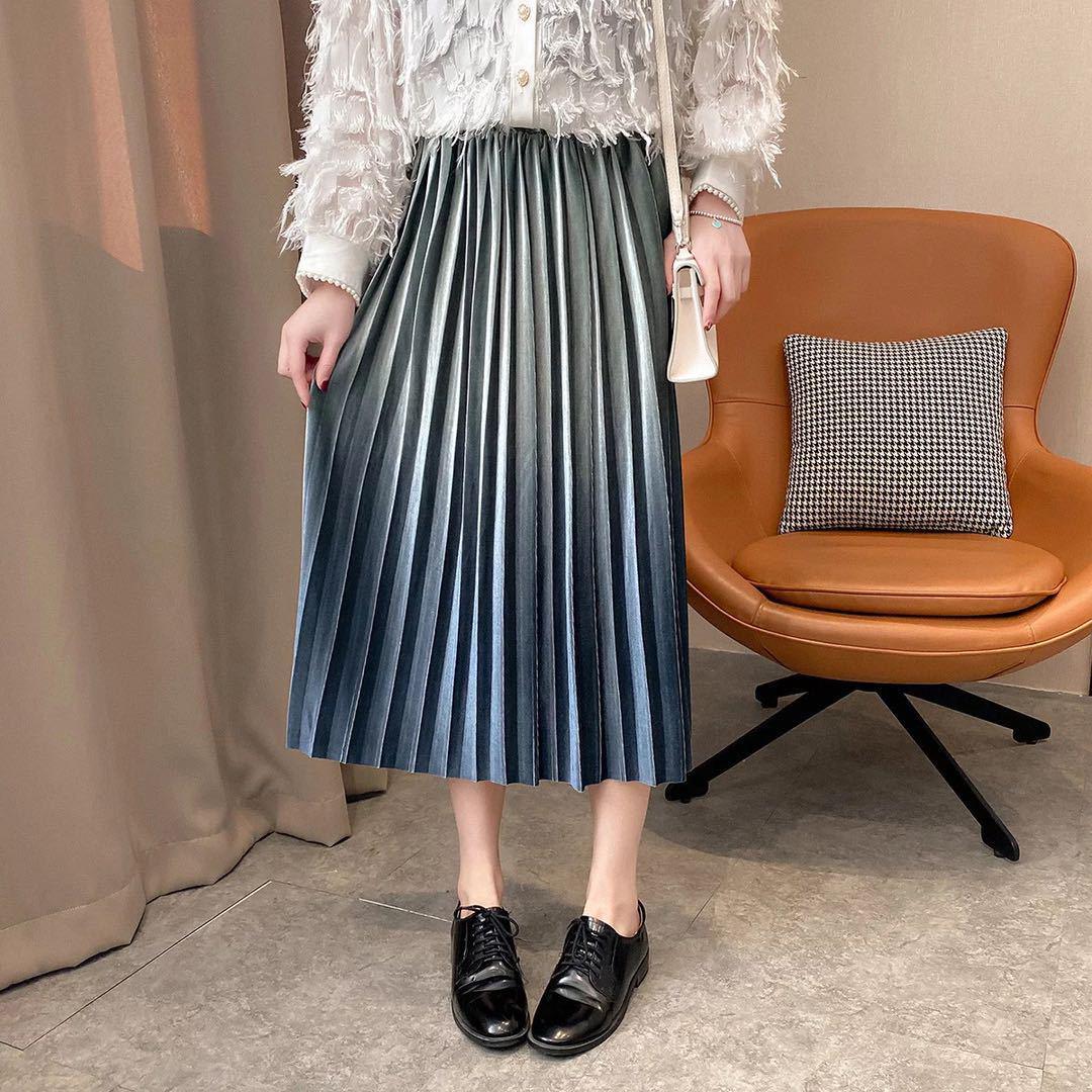 Spring Women Long Metallic Silver Maxi Pleated Midi Skirt High Waist Elascity Casual Party Skirt