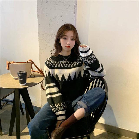 Autumn Winter Loose Thickened Hit Color Short Sweater Women's Hedging Long-sleeved Students