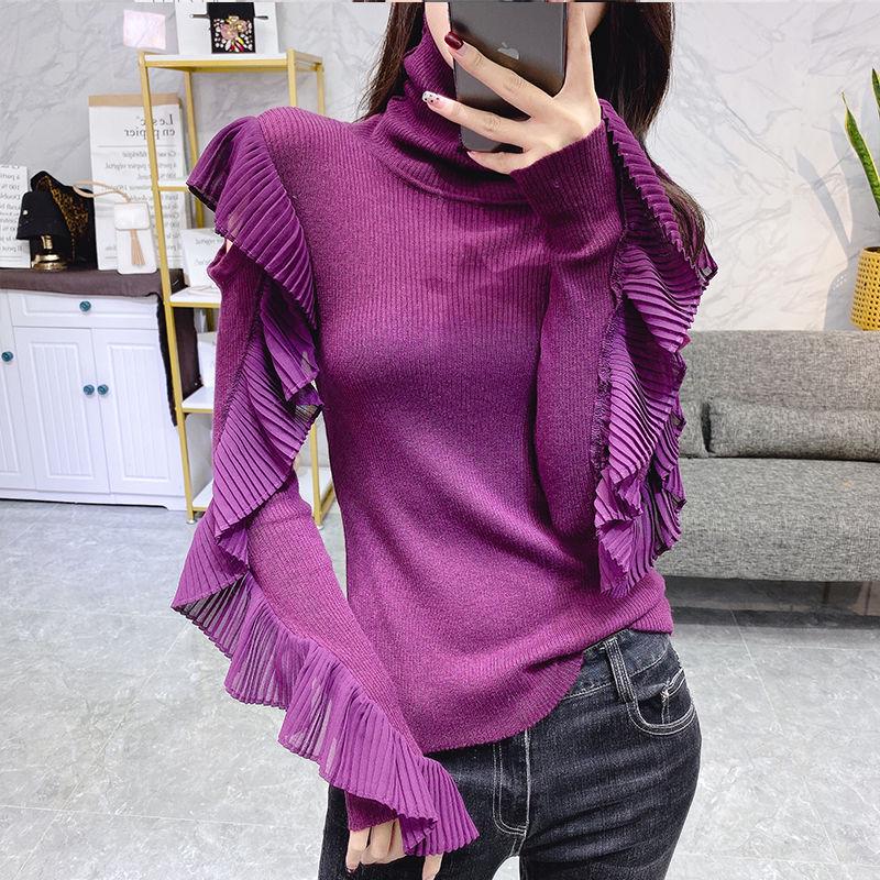 Spring European Style Ruffled Top Knitted Bottoming Shirt Slim Turtleneck Sweater Ladies