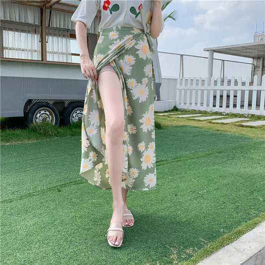 Loose Beach Skirt Half-length Skirt Summer Breathable Floral Pattern One-piece Lace-up Skirt Wrap Skirt Vacation Mid-length Floral Wrap Skirt