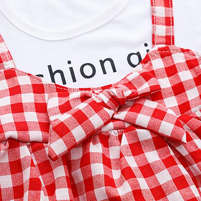 Children Dress Spring Summer Round Neck Kids Clothing Toddler Baby Girls Clothing Plaid Bow Pieated Short Sleeve Dress Girl