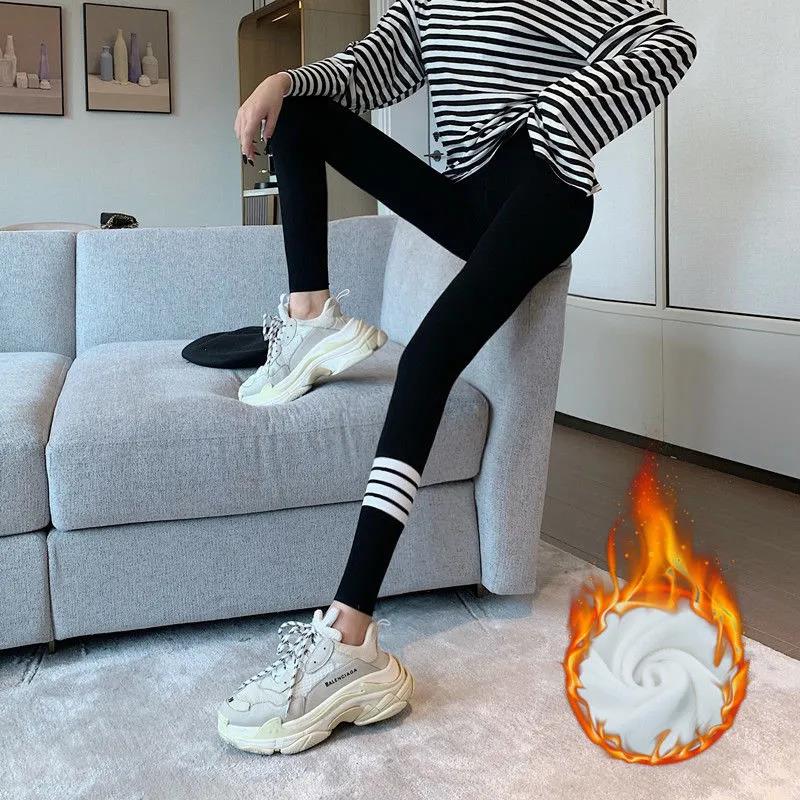 Pants Leg Printing Winter Plus Velvet Thick Vertical Stripes Leggings Women's Outer Wear Trousers Plus Size Tight-fitting Stretch High-waist Pants