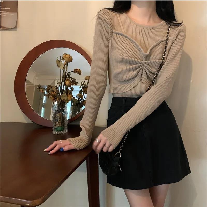 Women's Round Neck Pullover Bottoming Shirt Korean Fashion Fake Two Pieces Lace Knit Sweater