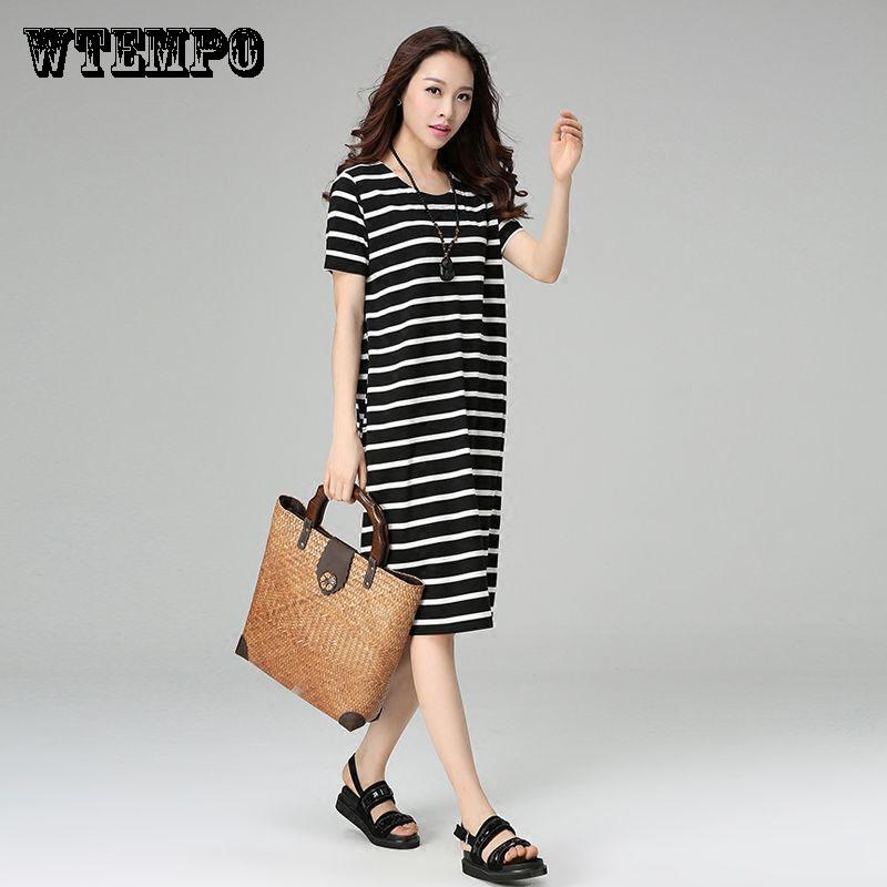 WTEMPO Brand Striped DressFashionWomen's Short Sleeve Striped Casual Dress Women's Spring and Summer