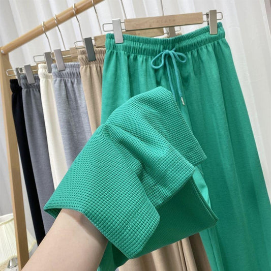 Waffle Elastic High Waist Casual Pants Autumn and Winter Women's Korean Style Loose Drape Wide Leg Trousers Show Leg Length Sports Jogging Pants