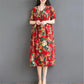 Oversized Retro Women's Cotton Loose Short-sleeved Floral Dress Loose Pleated Kaftan Robe