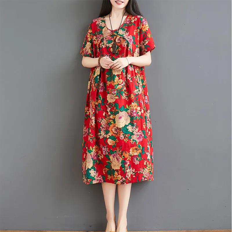 Oversized Retro Women's Cotton Loose Short-sleeved Floral Dress Loose Pleated Kaftan Robe