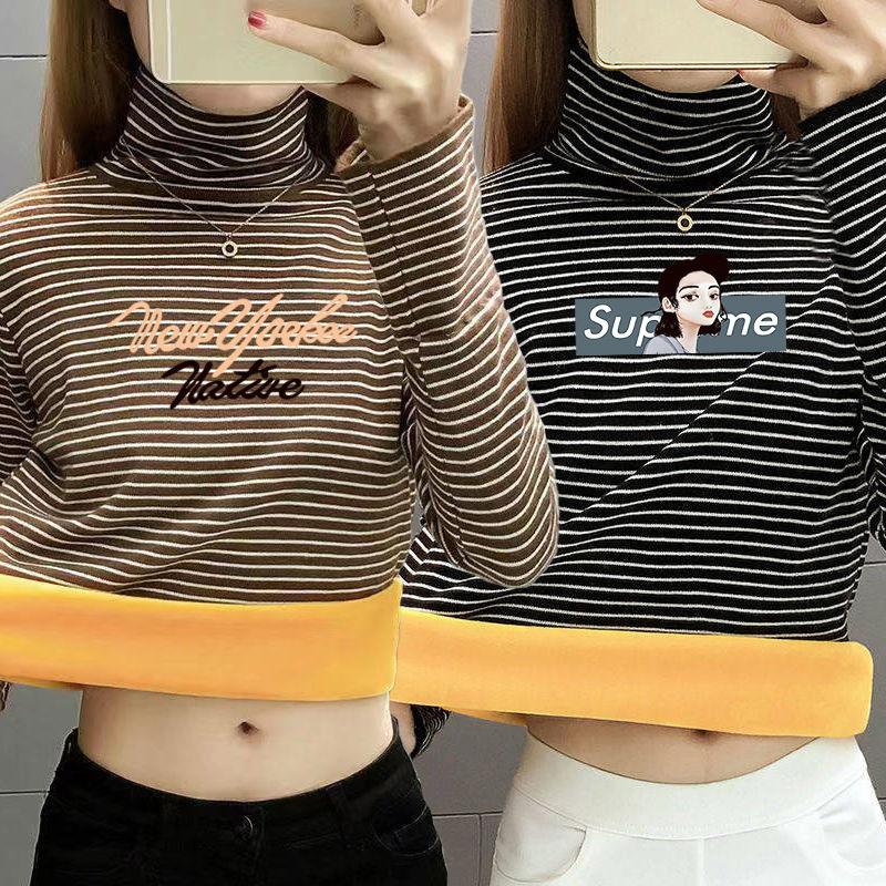 Thicken Plus Velvet Thermal Clothing Women's Underwear Tight-fitting High-neck Striped Winter Bottoming Shirt One-piece Gold Velvet Top