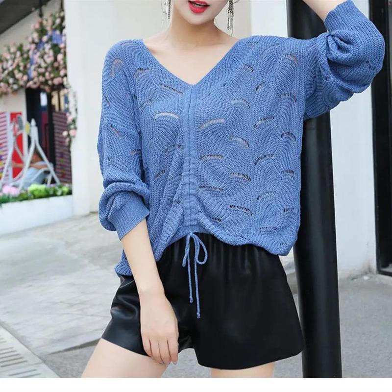 Spring and Autumn Style Hollow Loose Knit Sweater Women V-neck Slim-fit Warm Sweater Long-sleeved Pullover Casual Top