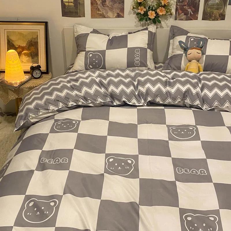 Washed Cotton Four-piece Duvet Cover Sheets Fashion Printed Bedding Student Dormitory Single Bed Sheet Sheets