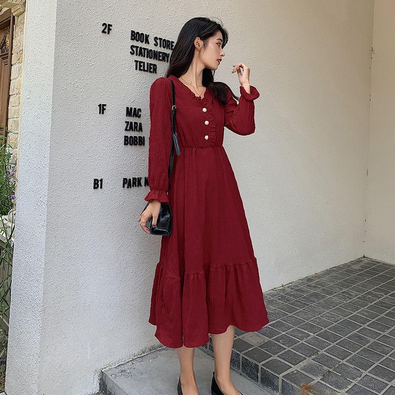 Lace Ruffle Cute Sweet Well-behaved Girl Solid Color Long A-shaped Skirt Age Reduction Long Sleeve Pearl V-neck Dress