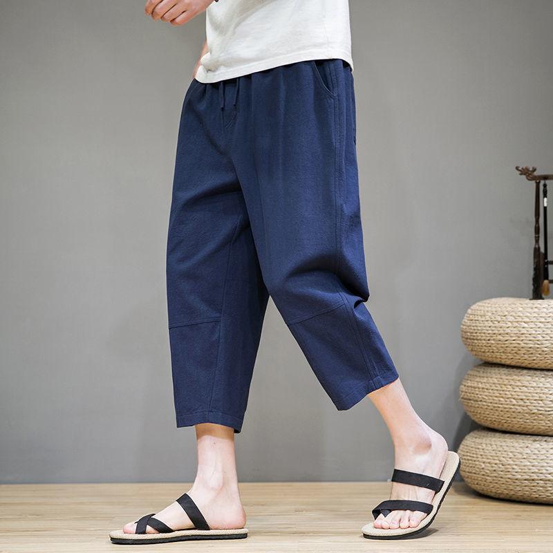 Linen Shorts Men's Loose Eight-quarter Pants Summer Thin Cotton and Linen Large Size Wide-leg Casual Harem Pants