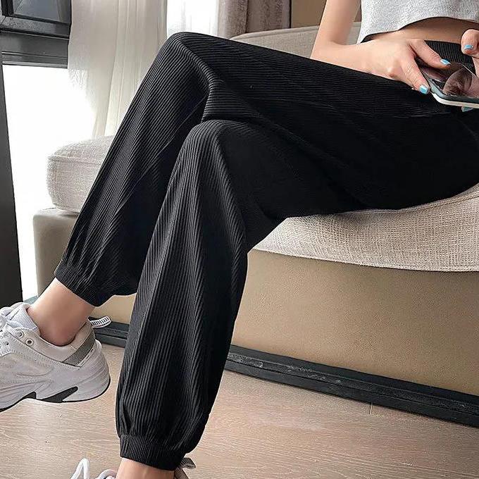 Women Spring Large Size Ice Silk Thin Sports Pants Loose Solid Color Elastic Waist Casual Long Pants