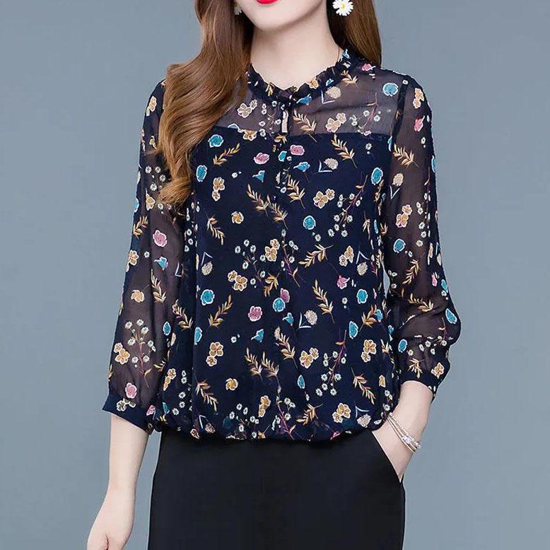 S-XXXXXL Chiffon Shirt Women's T-shirt Spring and Autumn Loose Tops Slim All-match Floral Bottoming Shirt