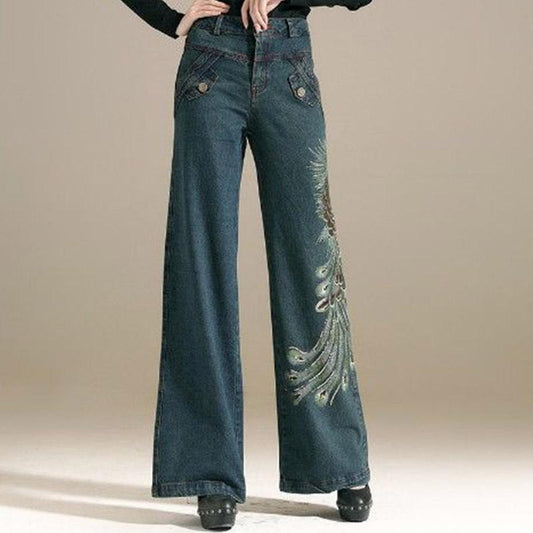Autumn Embroidered Wide-leg Jeans Girls Plus Size Embroidered Trousers Loose High Waist Wide-leg Thigh Pants