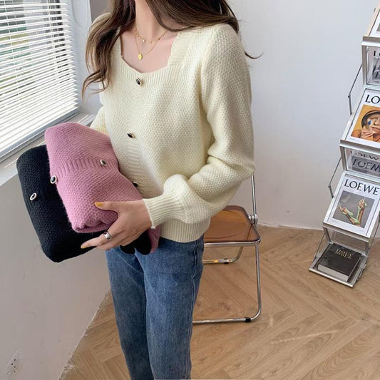 Spring, Autumn and Winter Outer Wear Square Neck Long-sleeved Pullover Sweater Women Loose and Thin Short Knit Sweater Women's Top All-match