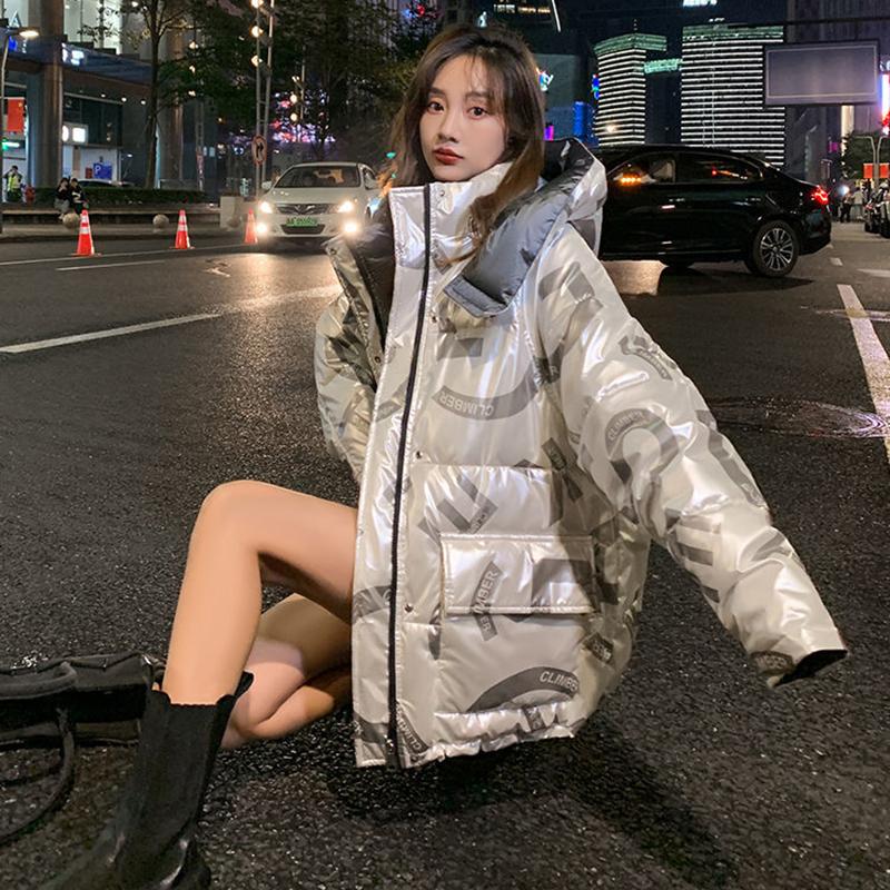 Women's Bright Print Short Down Jacket Winter Korean Loose Quilted Jacket Casual Stand-up Collar Hooded Down Jacket Quilted Jacket