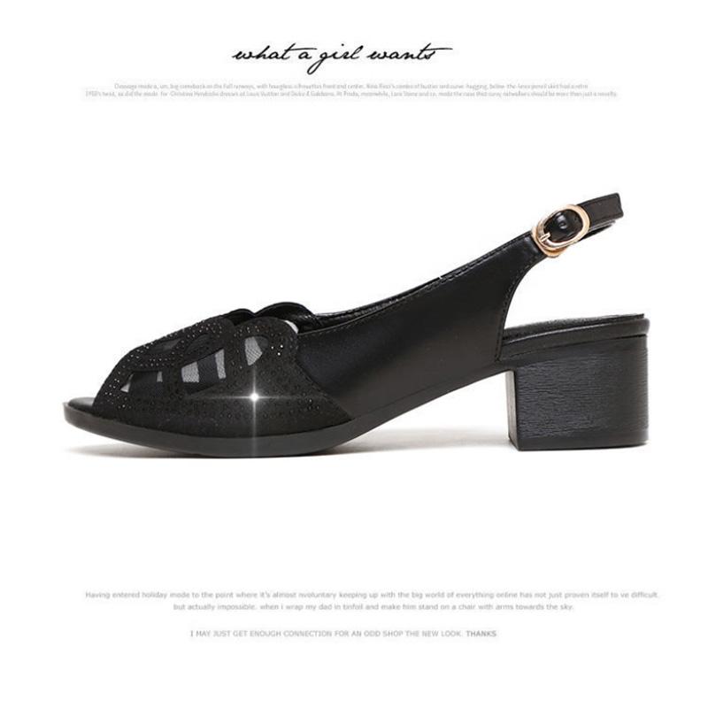 Leather Sandals Women's Thick Heel Fish Mouth Shoes Women's Medium Heel Casual All-match Soft Bottom Women's Shoes