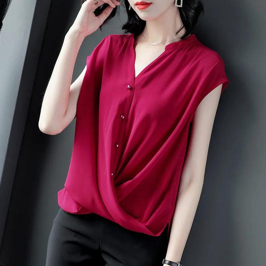 V-neck Chiffon Shirt Women's Summer Belly Cover Blouse Short-sleeved Loose Temperament Sleeveless Slim Solid Color Large Size Shirt Women Summer Top